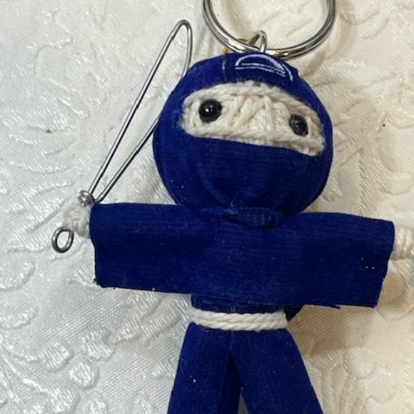 TWO Ninja String Doll Keychain Toys w/Swords Royal Blue/Brown 2.5" x 3" NEW - Picture 4 of 8